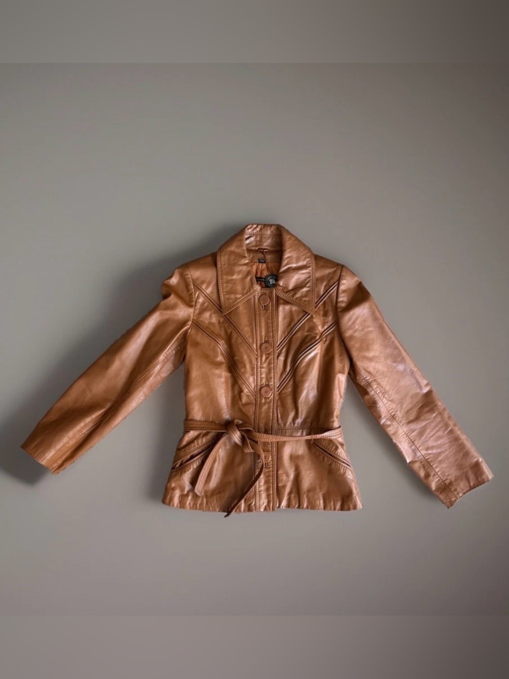 VTG Brown Leather Belted Jacket Women’s 70s Style Coat Korea Size 9/10 Rare